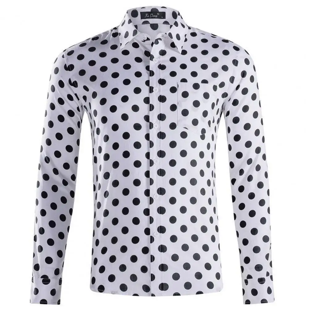 Men Shirt Lapel Single-breasted Color Matching Dot Printed Cardigan Long Sleeve Shirt Pocket Slim Soft Breathable Shirt Top