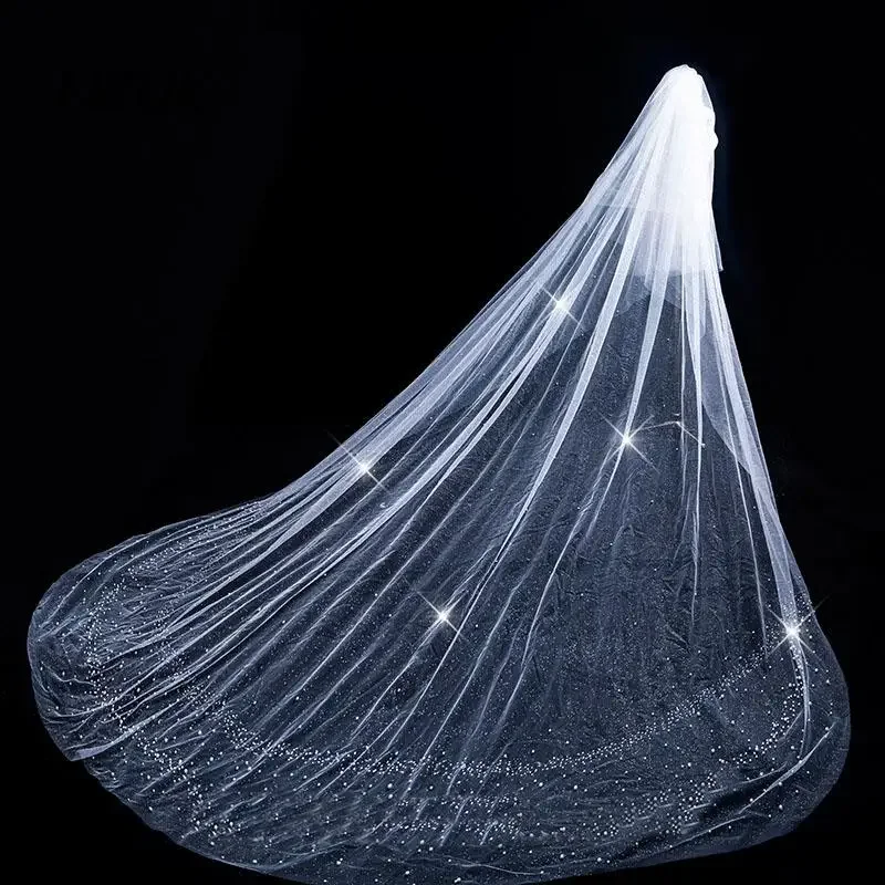 2 Tiers Long Bridal Veil Sequins Beaded Pearls Veil Long Sparkle Bling Blusher Wedding Veil With Comb Cathedral Length