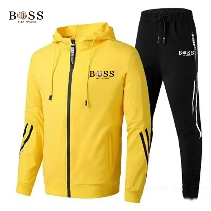 

2024 Spring & Autumn Men's Sports Fitness Set Outdoor Jogging Breathable Jacket Zipper Striped Comfortable Hiking Hoodie + Pants