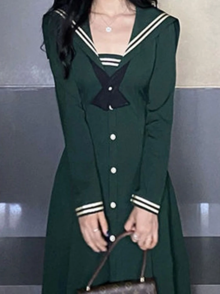 

QWEEK Preppy Style School Kawaii Cute Dress Women Soft Girl Student Sailor Collar Midi Dresses Vintage Long Sleeve 2023 Autumn