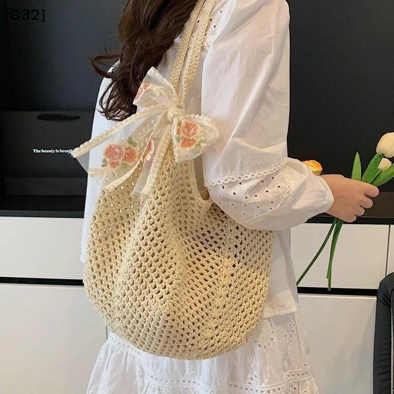 Large Capacity Woven Bag Women's Shoulder Bags Casual Straw Wicker Woven Ladies Handmade Summer Beach Tote Messenger Bag[G32] - 2