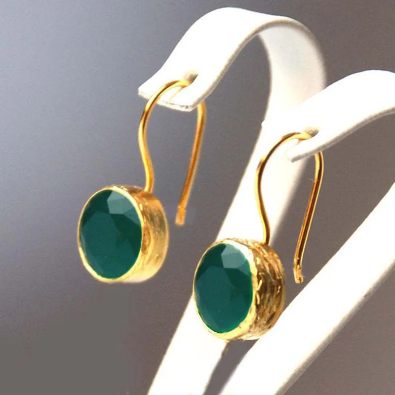 Trendy Round Dark Green Stone Drop Earrings for Women Fashion Jewelry Gold Color AAA Cubic Zircon Circle Wedding