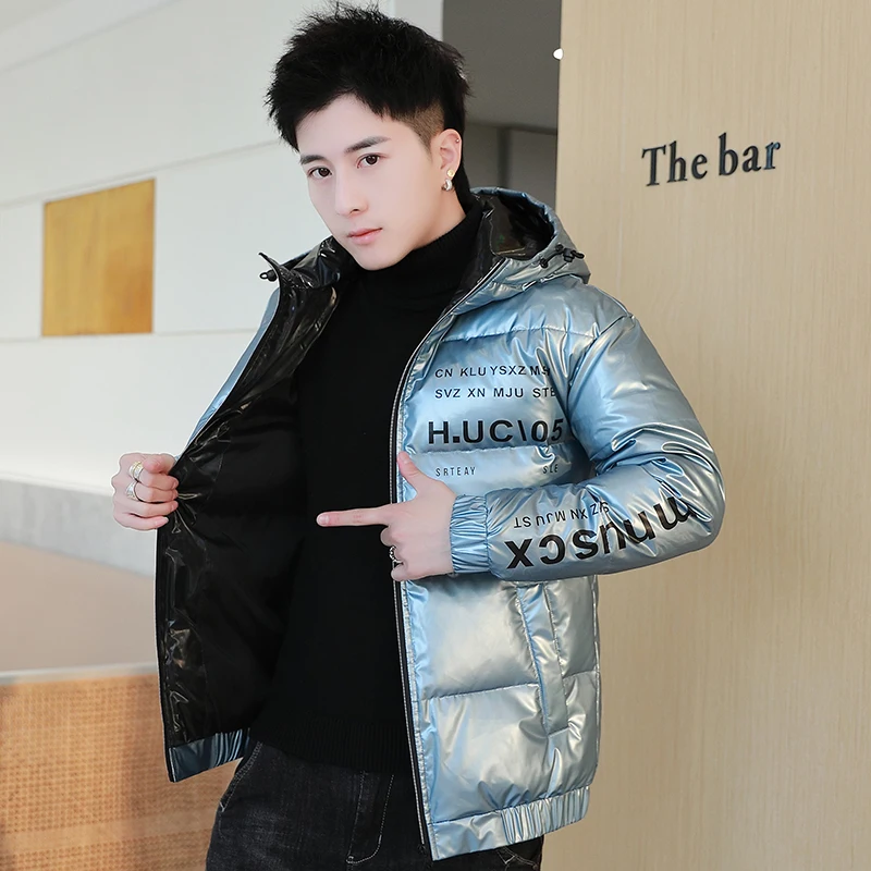 New 2023 Autumn Winter Glossy Hooded Cotton-Padded Jackets Men's Casual Waterproof Thicken Parkas Outwear Slim Shiny Warm Coats