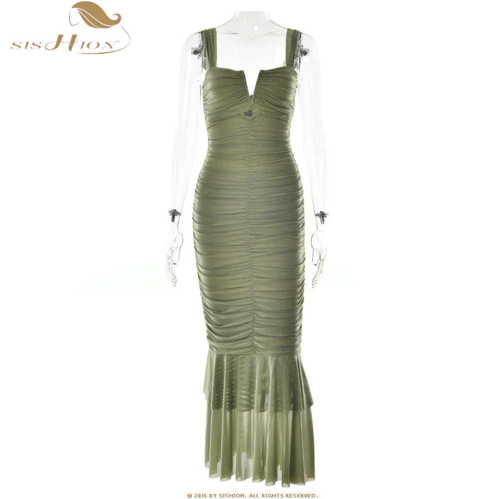 

2023 Summer Women Suspenders Stitching Long Dress Fashion Sexy Spice Girl Pleated Mermaid Dress Solid Green Black Vestidos SR729