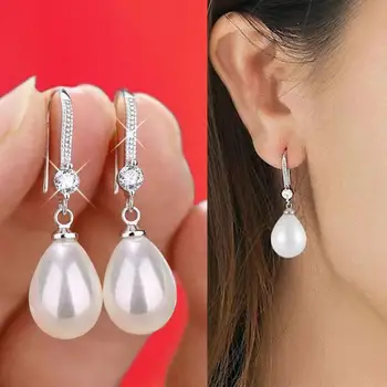 Korean Fashion Zircon Pearl Drop Earrings For Women Jewelry 2025 Trending New Luxury Bridal Water Droplet Pearl Earrings Brincos