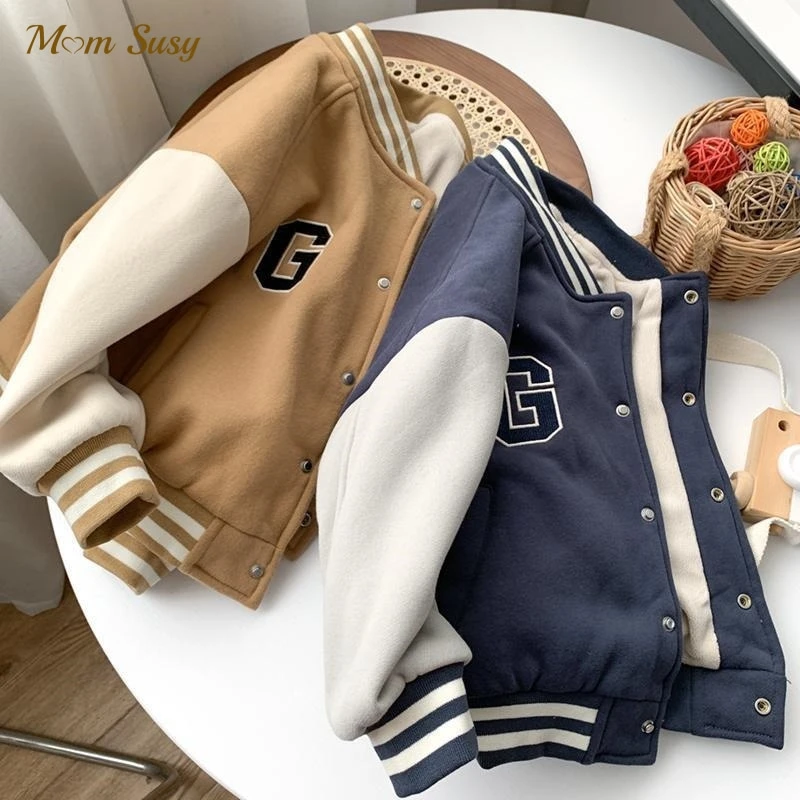 Baby Girl Boy Warm Baseball Jacket Zipper Toddler Child Fleece Bomber Coat Autumn Spring Baby Letter Outwear Baby Clothes 2-10Y real fur coat