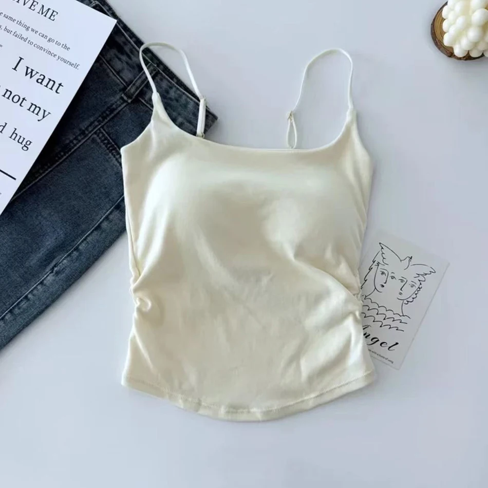 Fashionable and Versatile Solid Color Slim Shoulder Strap Camisole Vest Women Chest Cushion Summer Thin Base Underwears 4