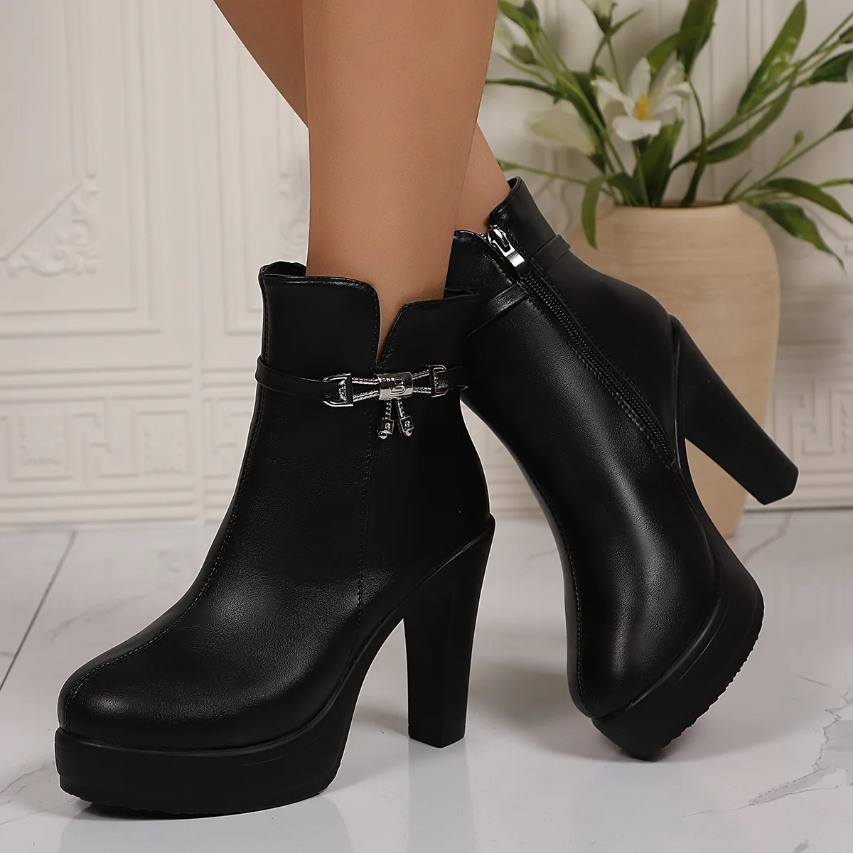 Fashion Ankle Boots Solid Color Round Head Side Zipper Design Autumn Winter Women's Fashion High Heeled Ankle Boot Size 36-43