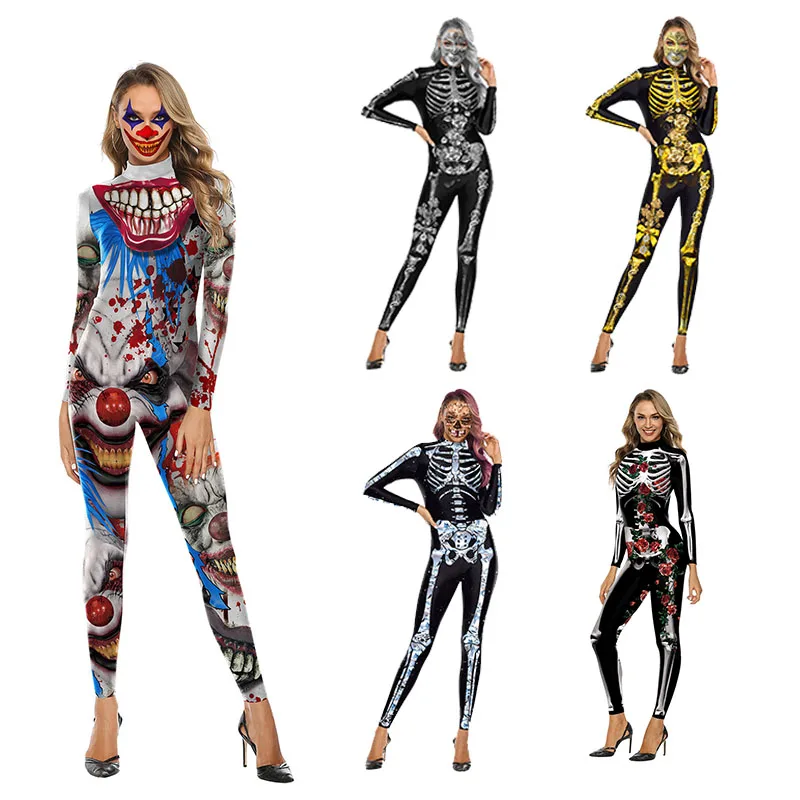Carnival Party Scary Skeleton Rose Clown Jumpsuit Costume For Women Funny 3D Printed Romper Cosplay Halloween Outfit