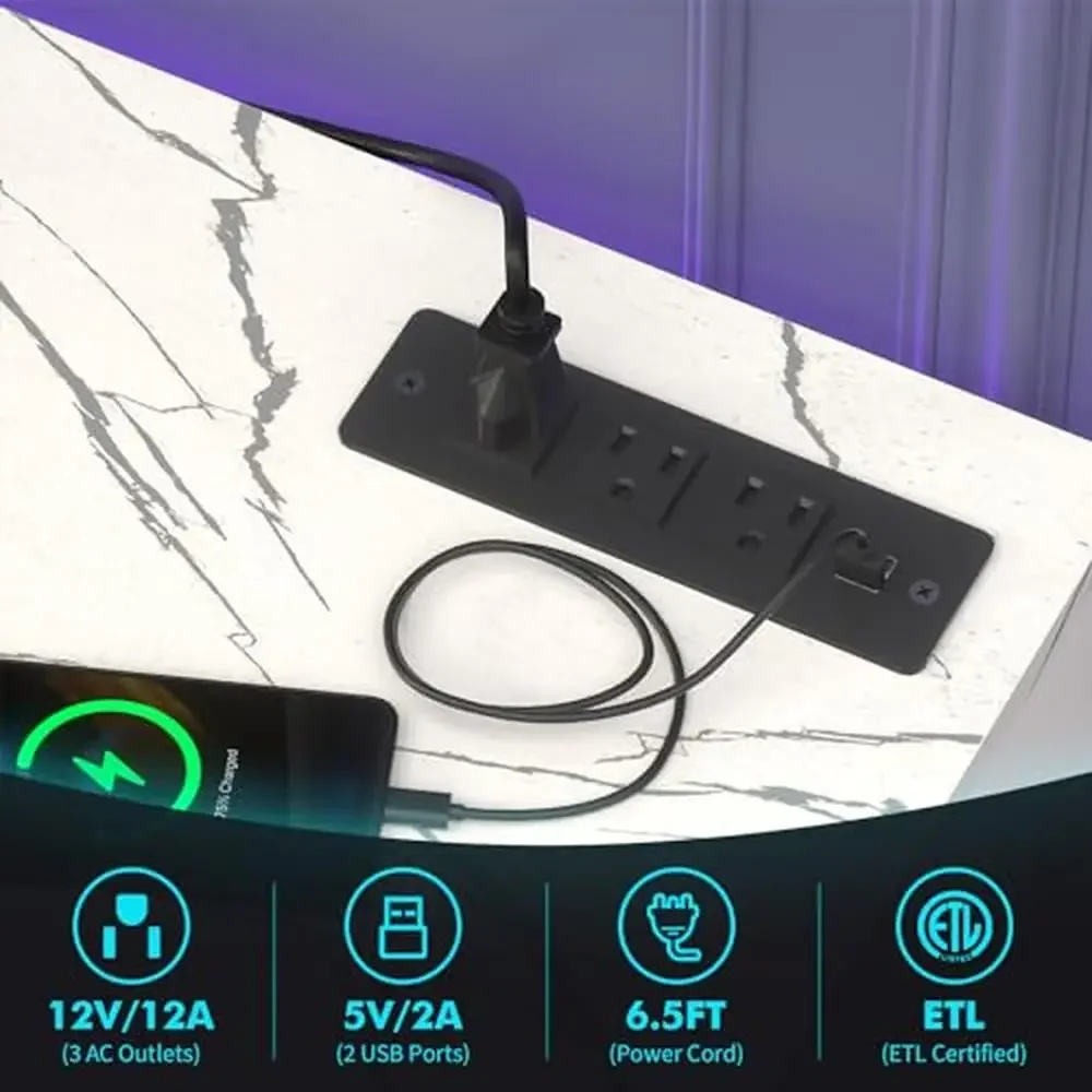 Electric Fireplace TV Stand 65'' TV Entertainment Center 18'' Fireplace Led Light Glass Shelves Adjustable Marble Top Outlet