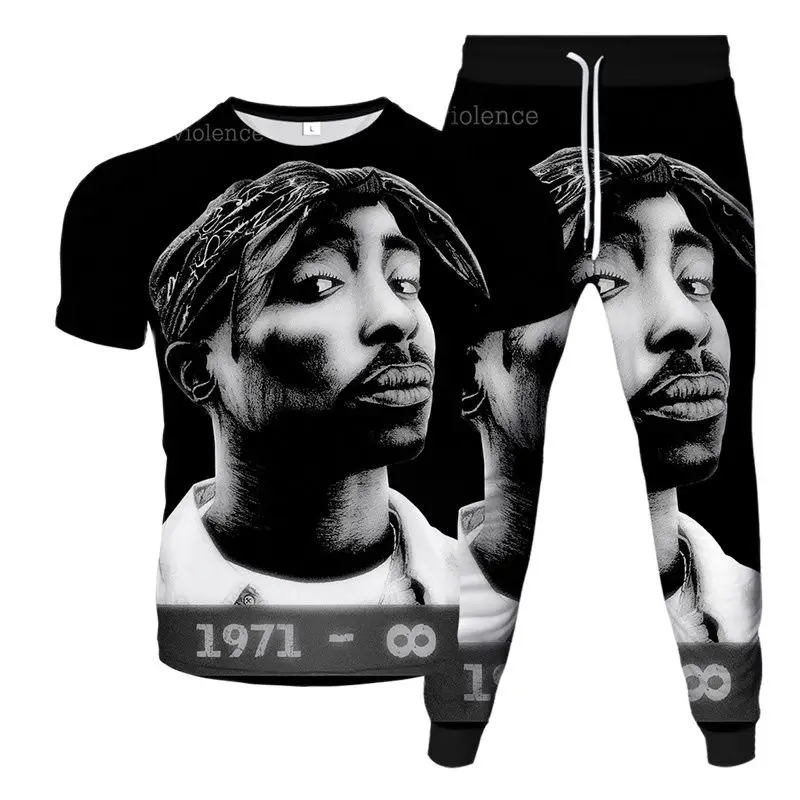 Tupac 2pac Hip Hop Music Rock Singer Kiss Band 3D Printing Tracksuit T-Shirt Pants 2Pcs Set Clothing Summer Male Oversized S-6XL 2