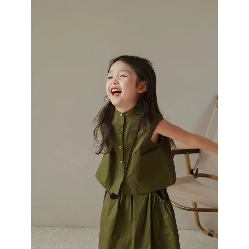 

Internet Celebrity And Medium Girls Sleeveless Small Stand Collar Solid Color Mid-Length Dress Set Summer Korean New Suit