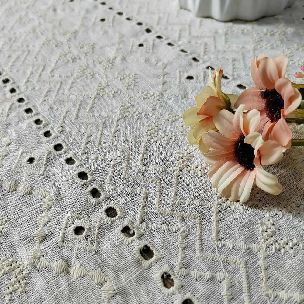 High quality ivory linen embroidery eyelect fabric for woman dress shirt clothing with geometric holes pattarn 135cm width