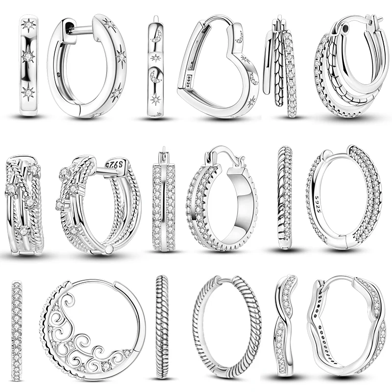 Double Hoop Earrings 925 Silver Cubic Zircon Heart Star Moon for Women Elegant Birthday Jewelry Gifts
