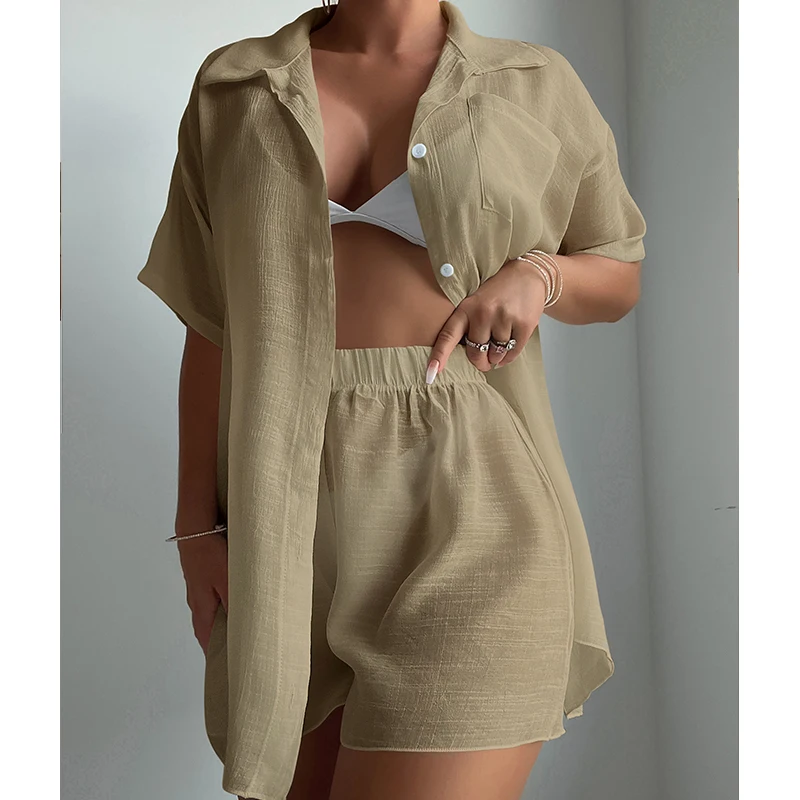 Fashion Button Pocket Shorts Women's Suit Elegant Lapel Short Sleeve 2 Piece Set Casual Simple Vacation Womenswear