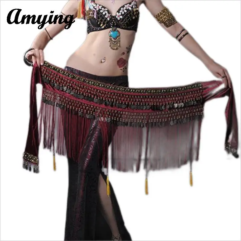 

Women Belly Dance Coin Belt Hip Scarf Costume Sexy Long Tassel Belt Skirt Carnival Party Performance Practice Waist Scarf