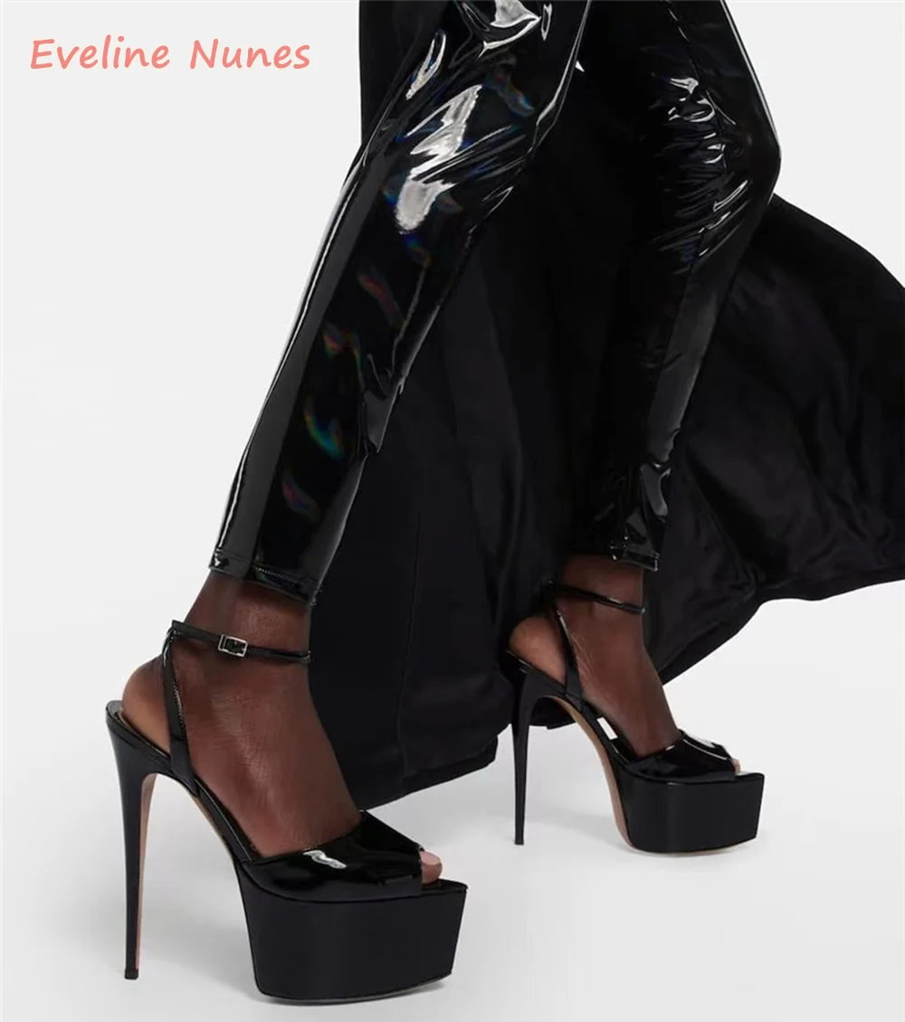 

Black Strap Buckle Luxury Sandals Summer Platform Round Toe Solid Fashion Nightclub Catwalk High Heels For Free Shipping
