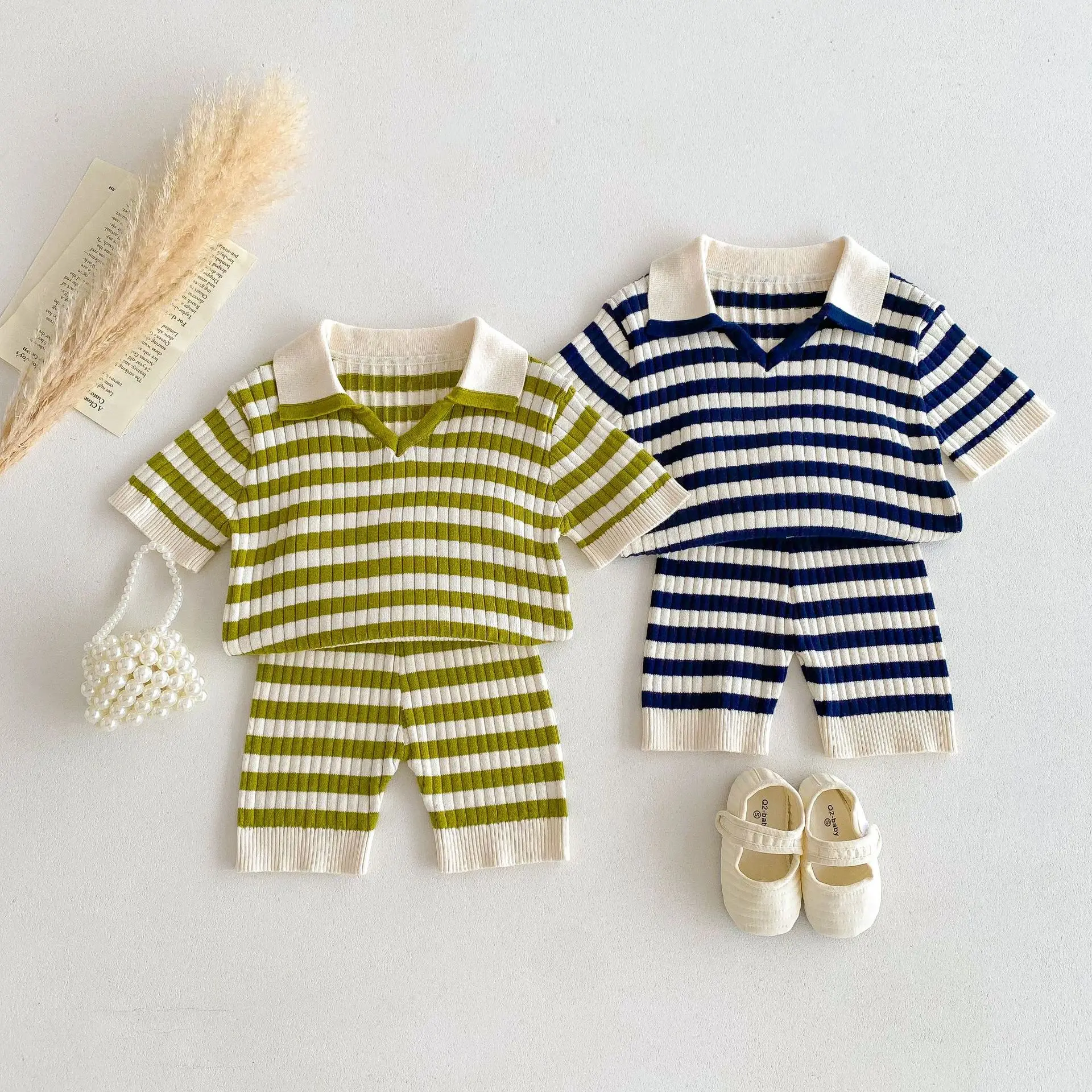 

Summer kids polo neck jumper + shorts set, knitted striped kids autumn set kids clothes boys & girls clothes