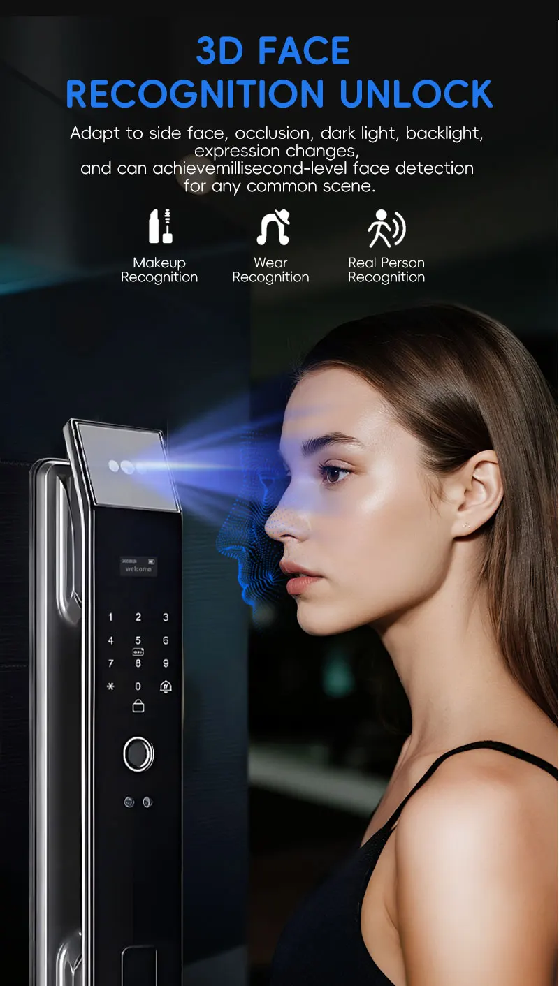 SANKESONG Tuya Smart 3D Face Door Lock Security Camera Monitor Intelligent Fingerprint Password Biometric Dual Battery