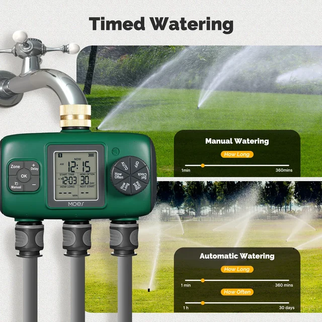 MOES 3-Outlet Smart Water Timer Brass Inlet IPX5Waterproof  Knob Button Automatic Irrigation LCD Display Screen Garden Sprinkler 2