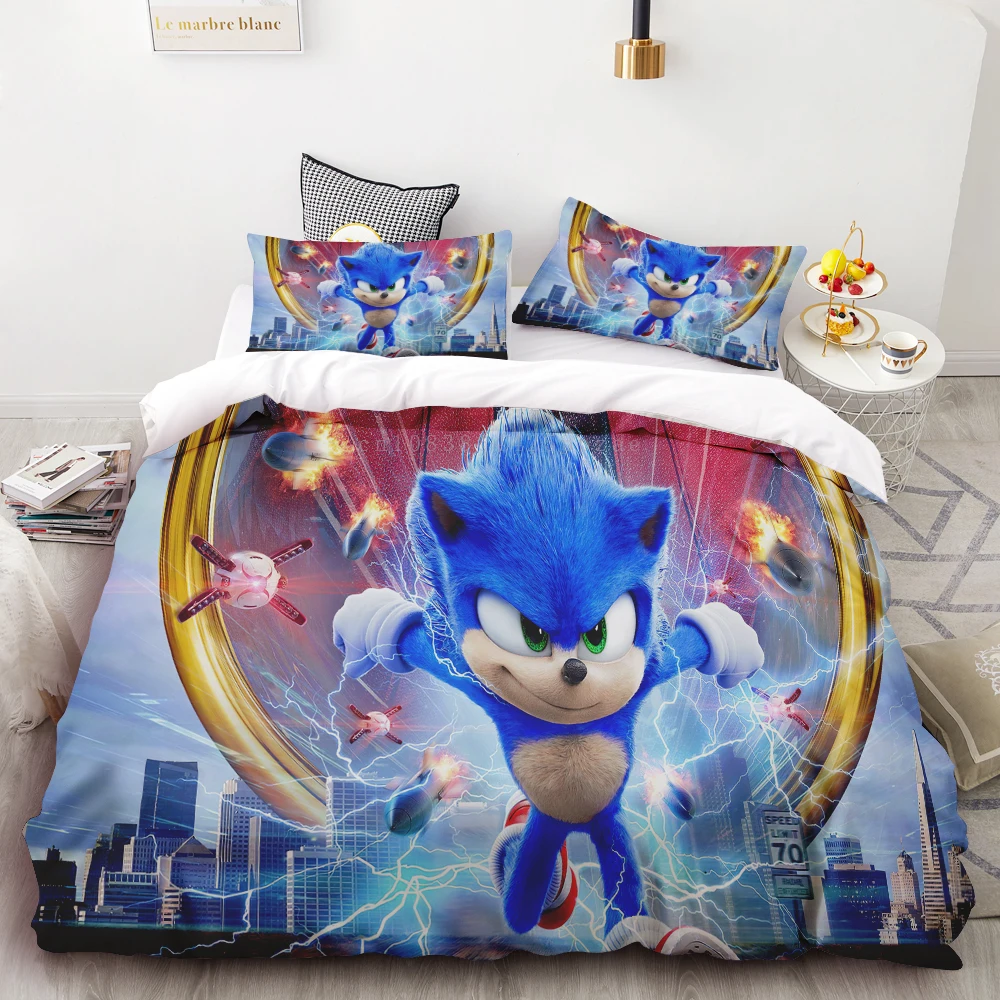 thumbnail image 1 of Juego de edredón de 3 piezas con estampado digital 3D de Sonic, suave, textil para el hogar, 100 % poliéster, tamaño king, decoración para dormitorio, regalo para adolescentes, 1 of 5