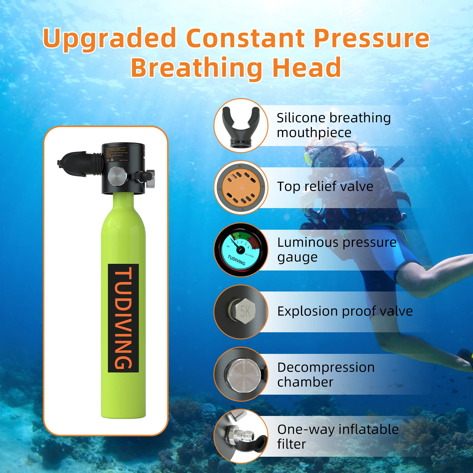 TUDIVING-0.5L Scuba Diving Tank Set,Mini Oxygen Cylinder with Full Face Snorkel Mask,Portable Travel Diving Kit for Scuba Diving