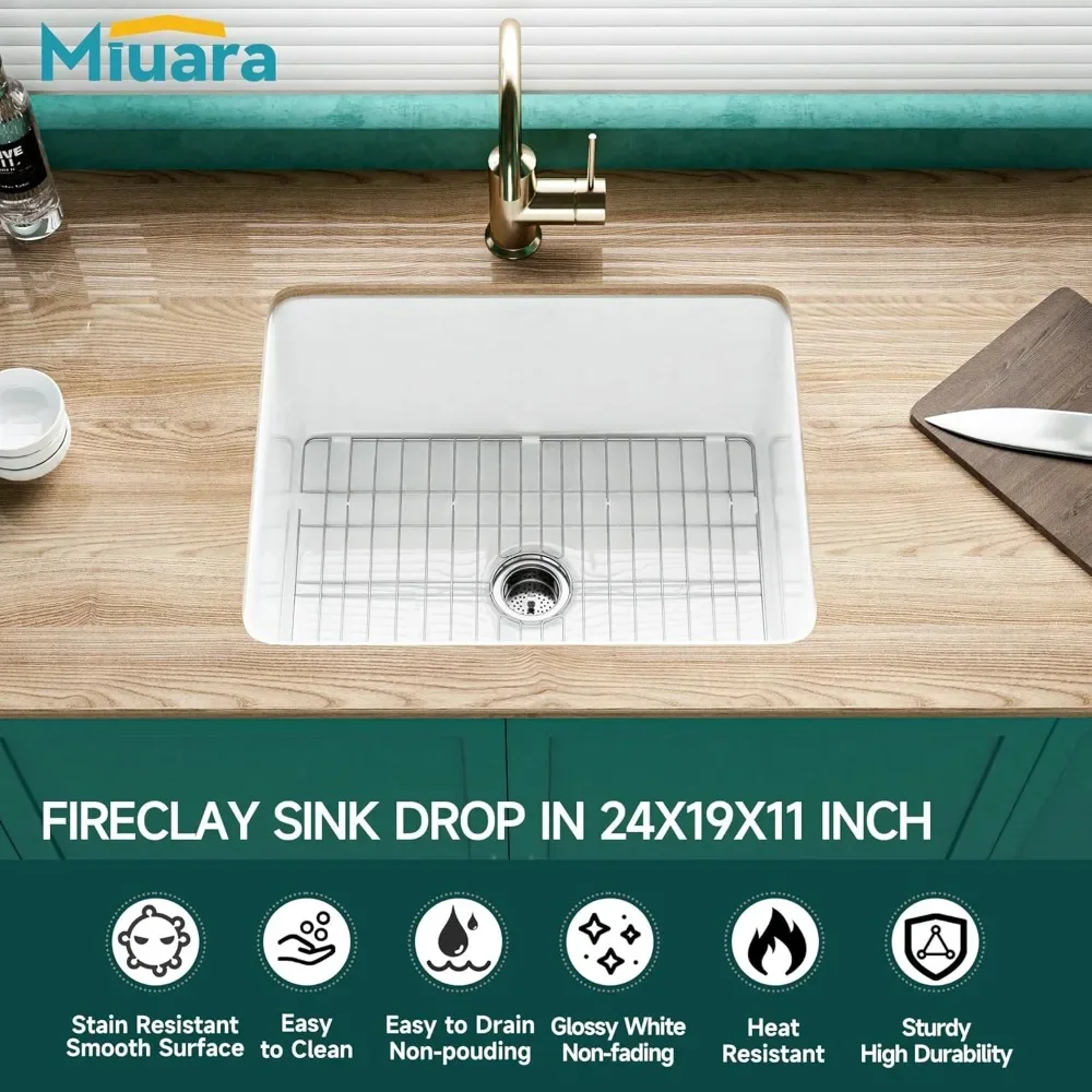 NEW-White Undermount Kitchen Sink 24 Inch - Small Topmount Fireclay Bar Sink Drop In 24"x19"x11", Dual Mount Heavy Duty Deep Sin