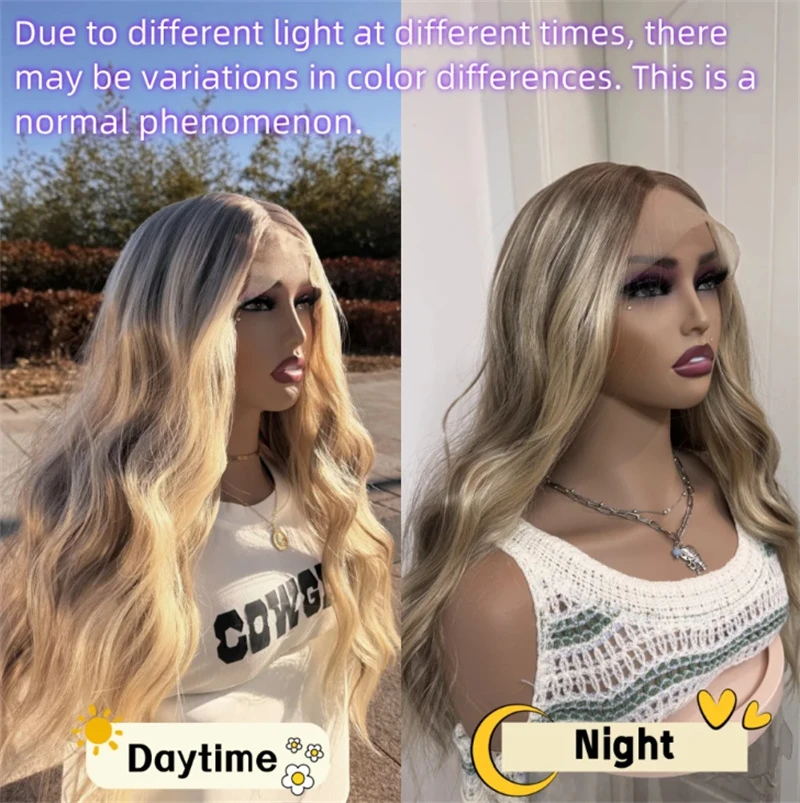 Ombre Blonde Lace Front Wig Synthetic Mixed 5% Human Hair Highlight Ash Brown Golden Blonde Wavy Pre Plucked Hairline