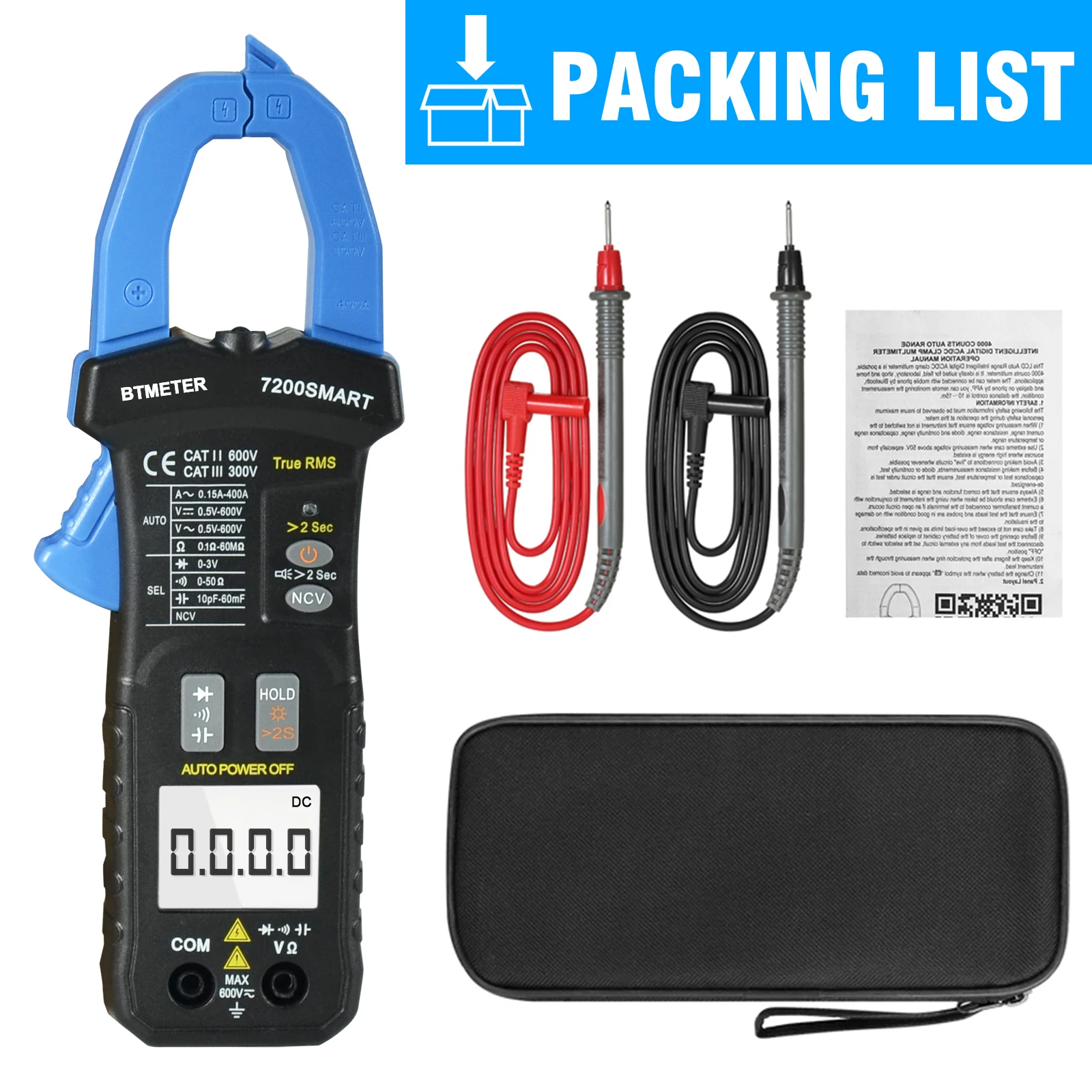 BTMETER 7200SMART True RMS Clamp Meter - Auto-Ranging, AC/DC Measurement, NCV Detection, CE Certified Accurately measure AC/DC voltage and current with the BTMETER 7200SMART True RMS Clamp Meter, featuring auto-ranging, NCV detection, and CE certification for safe and reliable use. Accurately measure AC/DC voltage and current with the BTMETER 7200SMART True RMS Clamp Meter, featuring auto-ranging, NCV detection, and CE certification for safe and reliable use. S8c30cfb9f5b148d3bd494616f8c87204M -