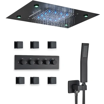 Luxury Black LED Constant Temperature Shower Faucet Color Change Rain Waterfall Shower System 4/3 Ways Shower Celling System Tap