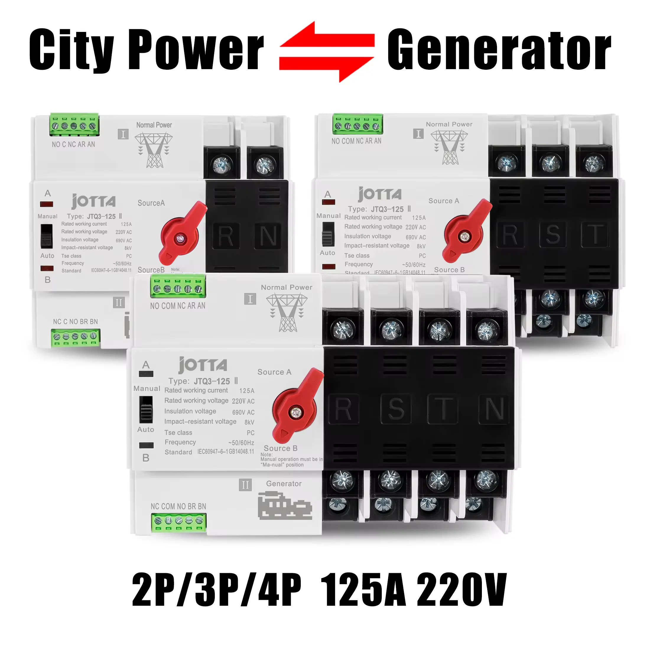 Transfer Switch Jotta W2R-2P/3P/4P 125A 220V 50/60Hz Mini ATS Automatic Transfer Switch Electrical Selector Switches Dual Power