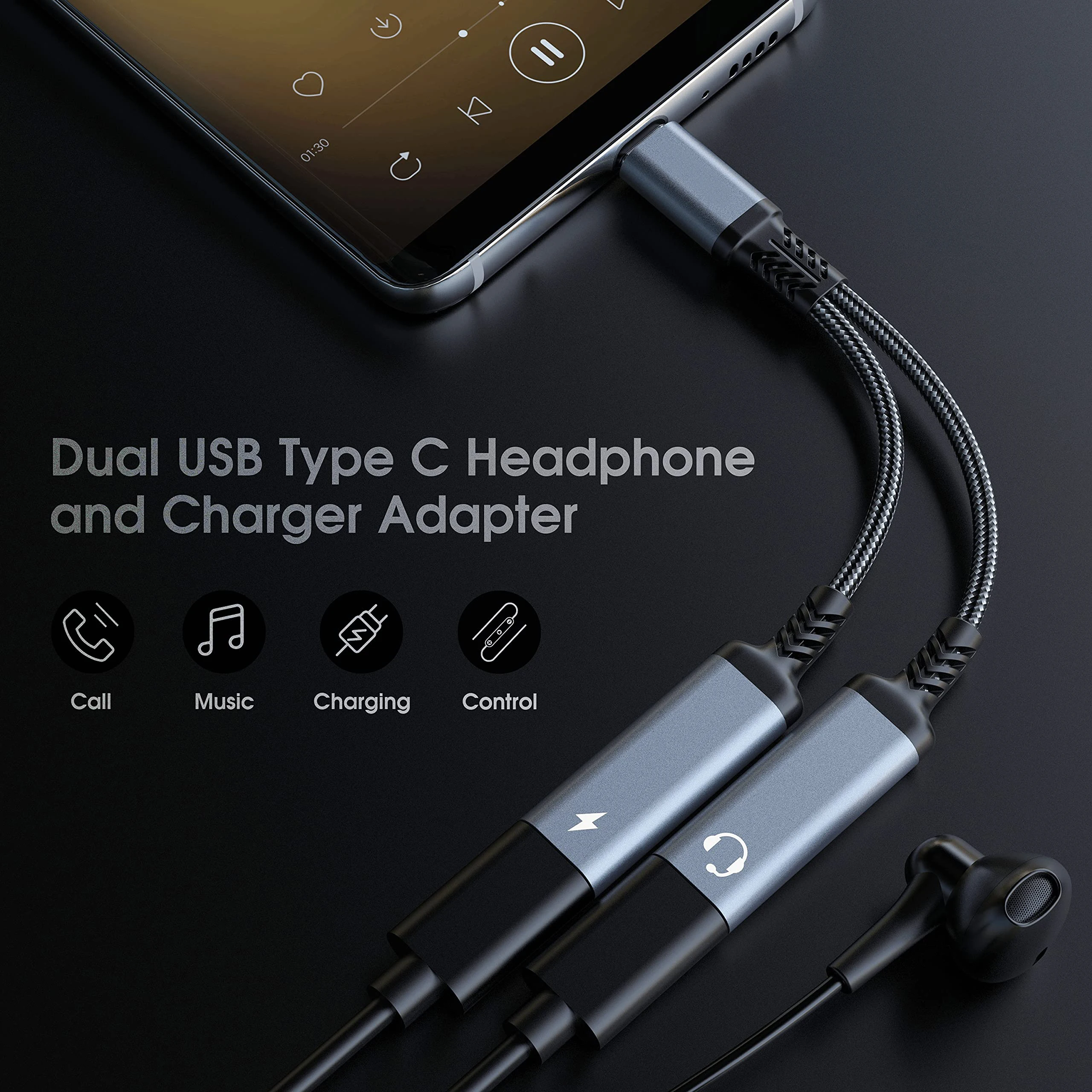 2 IN 1 OTG Headphone Jack USB Type C Splitter to Dual USB C Headphone Adapter 60W Charger for iPhone 15 Samsung Huawei Xiaomi