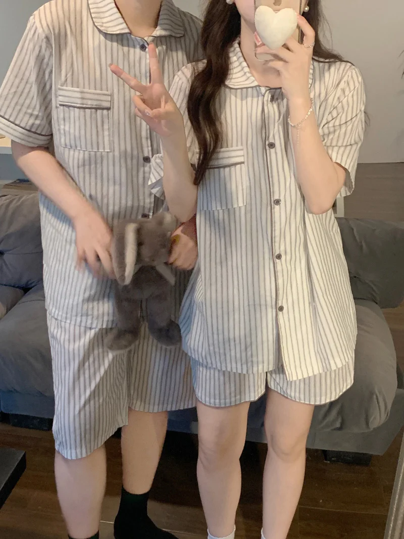 Lovers Simple Vintage Stripe Summer Short Sleeve Half Pants Pajama Set couple Holiday style Real images Loose Casual Vacation