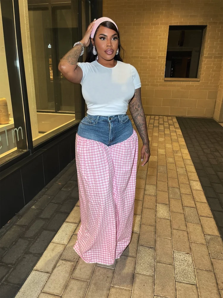 Wmstar Two Piece Set Women Wholesale Denim Patchwork Solid Wide Leg T Shirt Plaid High Waist Loose Wide Leg Pants Dropshopping