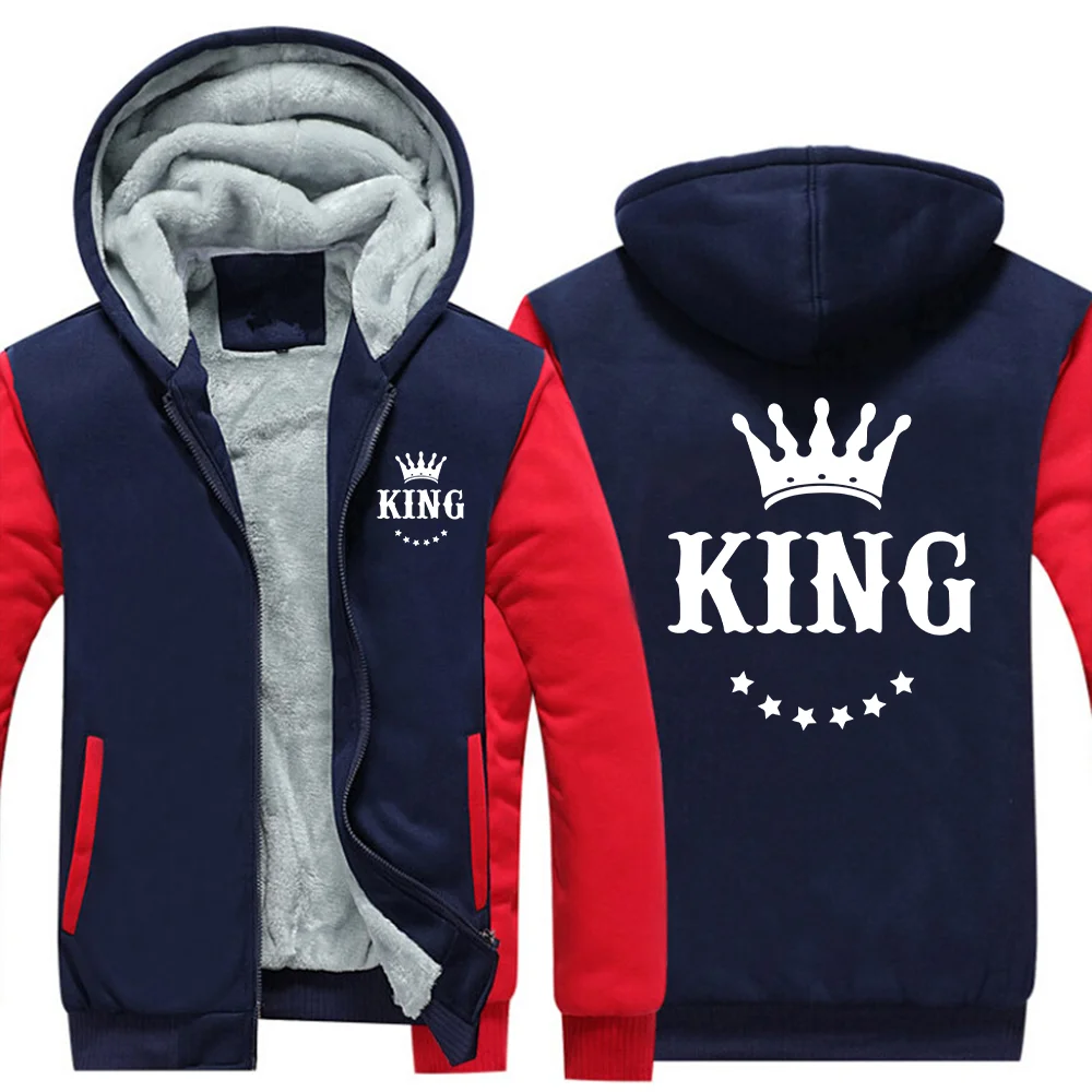 Men's Jacket Long Sleeve KING Print Patchwork Clothing Jacket Warm Winter Male Coat Zipper Hooded Clothes