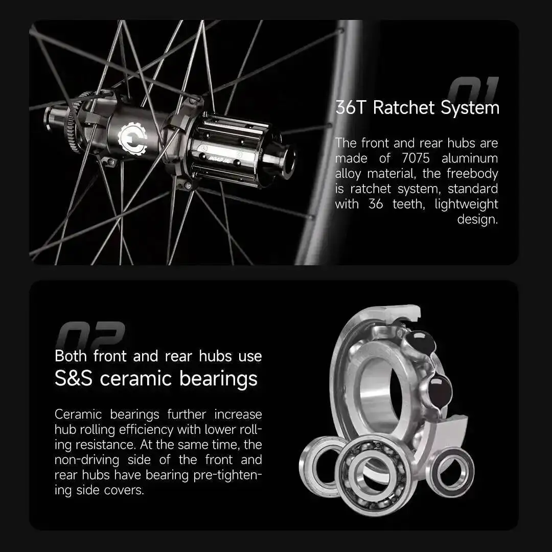 ELITEWHEELS EDGE 2.0 Set di ruote a disco in fibra di carbonio Ultra leggero 1270g Sistema a cricchetto 36T Mozzo ruota Ala Cuscinetto in ceramica a 20 raggi - immagine 3