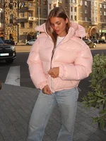 Casual Puffy Hooded Cotton Coats For Women Stand Collar Zipper Long Sleeve Warm Coat 2025 Autumn Lady Street Chic Down Jacket 5