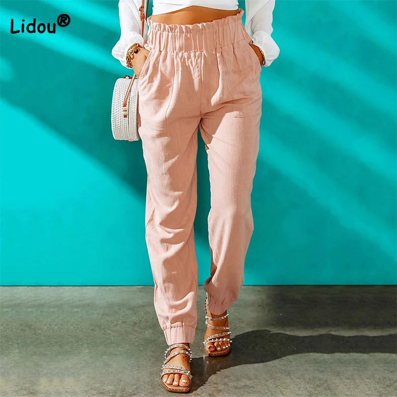 

Spring Autumn Womens Clothing Patchwork Pockets Trousers Casual Solid Color Scratched Ruffle Elastichigh Waisted Straight Pants