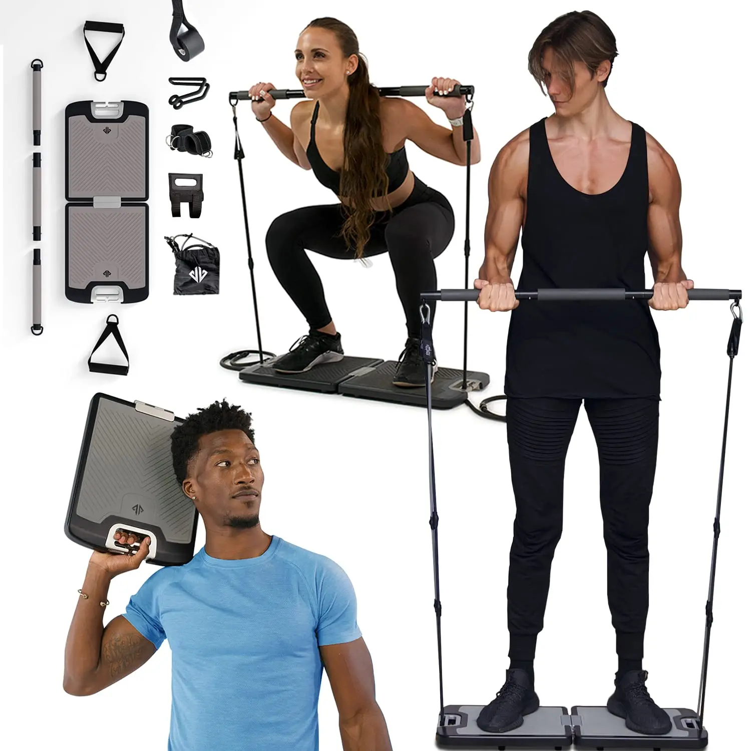 

EVO Gym - Portable Home Gym Strength Training Equipment, at Home Gym | All in One Gym - Resistance Bands, Base Holds Gym Bar & H