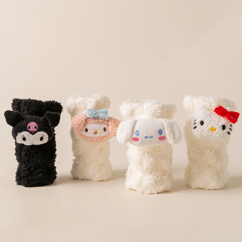 

2Pcs/set Sanrio Socks Kuromi Cinnamoroll Hello Kitty My Melody Coral Velvet Socks Pure Color Fluffy Warm Winter Christmas Gift