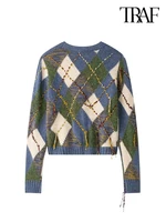 TRAF Women's Fashion 2024 Street Style Colorblocked Diamond Pattern Knitted Cardigan Vintage V-Neck Long Sleeve Sweater Jacket 2