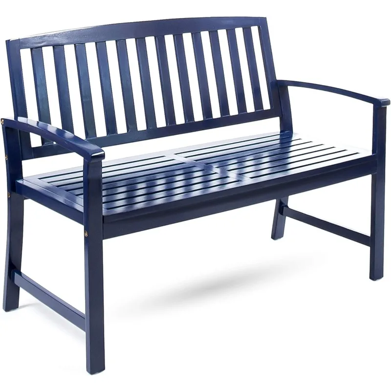 Christopher Knight Home Loja Outdoor Acacia Wood Bench, Pu Navy Blue Outdoor Bench  Outdoor Patio Furniture