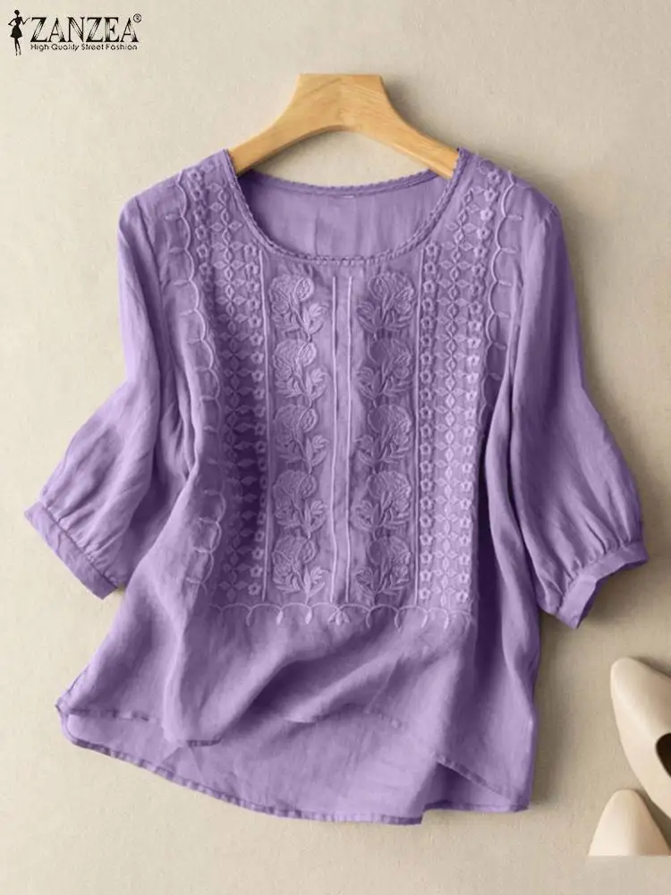 빈티지 셔츠 ZANZEA 여름 레이스 크로 셰 뜨개질 블라우스 여성 3/4 O 넥 슬리브 탑 자수 Blusas Femme Causal Cotton Chie
