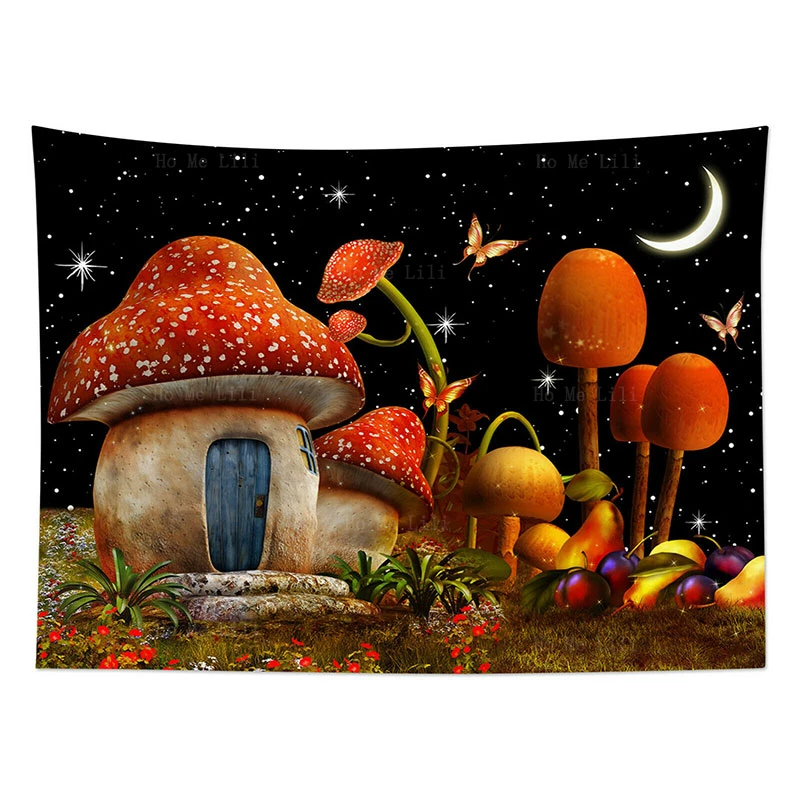 

Colorful Psychedelic Mushroom Tapestry Galaxy Space Fairy Tale Cottage Wall Hanging For Livingroom Bedroom Decor