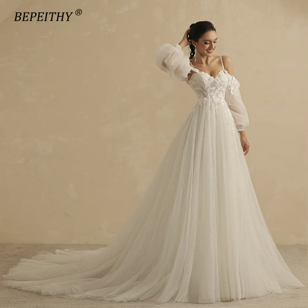 BEPEITHY Sweetheart Glitter A Line Wedding Dress For Women 2022 Bride Detachable Full Sleeves Elegant Bridal Party Gown Luxury