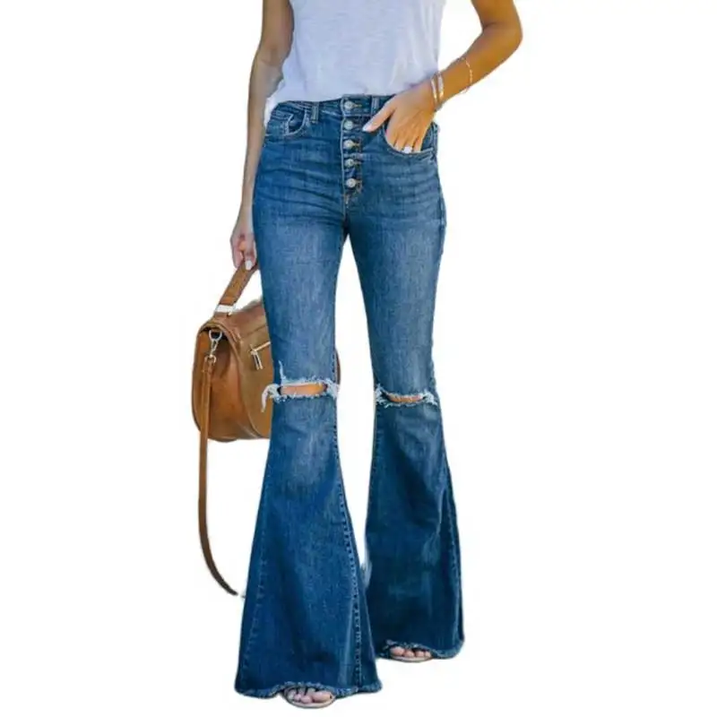 

Women's jeans dark wash denim trousers temperament commuter mid-rise flared jeans