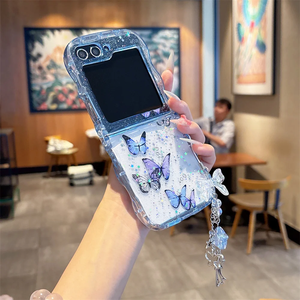 Glitter Bling Epoxy Pendant Shockproof Case with Cartoon Butterfly and Curly Border Design