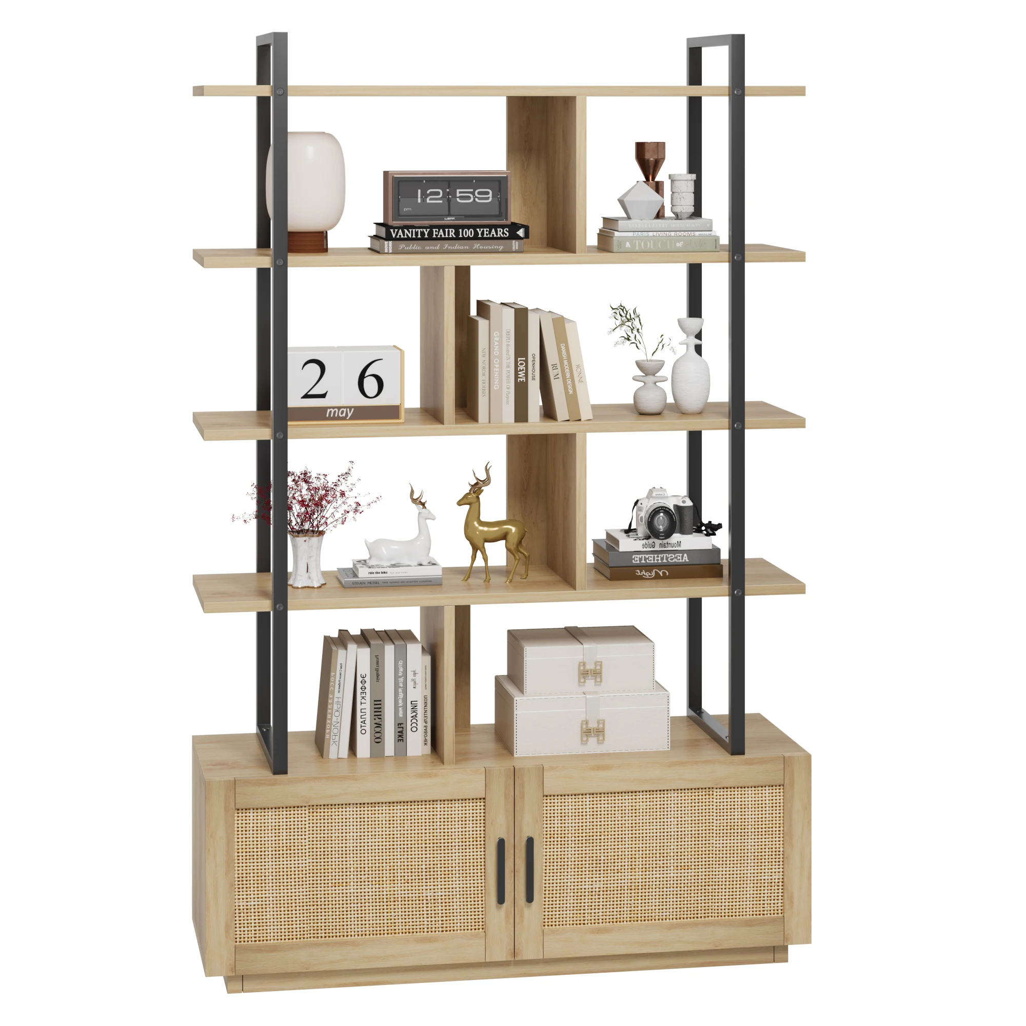 5 Tier Rattan Bookshelf with Storage Cabinet Door 71.1 Inch Tall Industrial Book Shelf with Open Display Shelves for Living Room