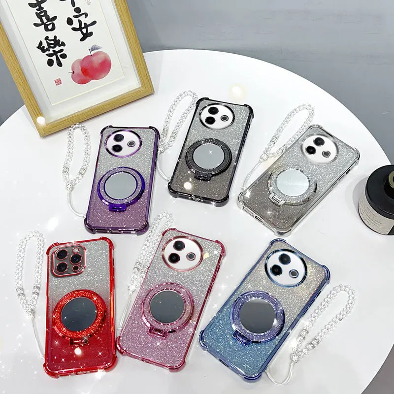 글리터 사각 충격 방지 폰 케이스 (미러 스탠드, 비즈 스트랩 포함) Vivo Y39 39 5G용 백 커버 케이스