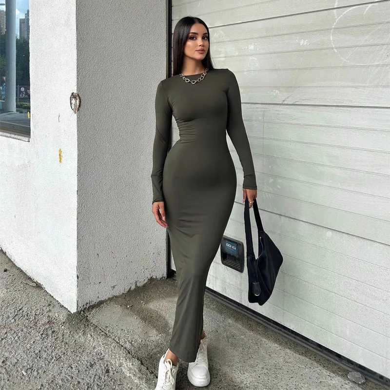 

European and American New Fashion Sexy Solid Color Round Neck Long sleeved Fit Wrapped Hip Fit Women's Long Skirt